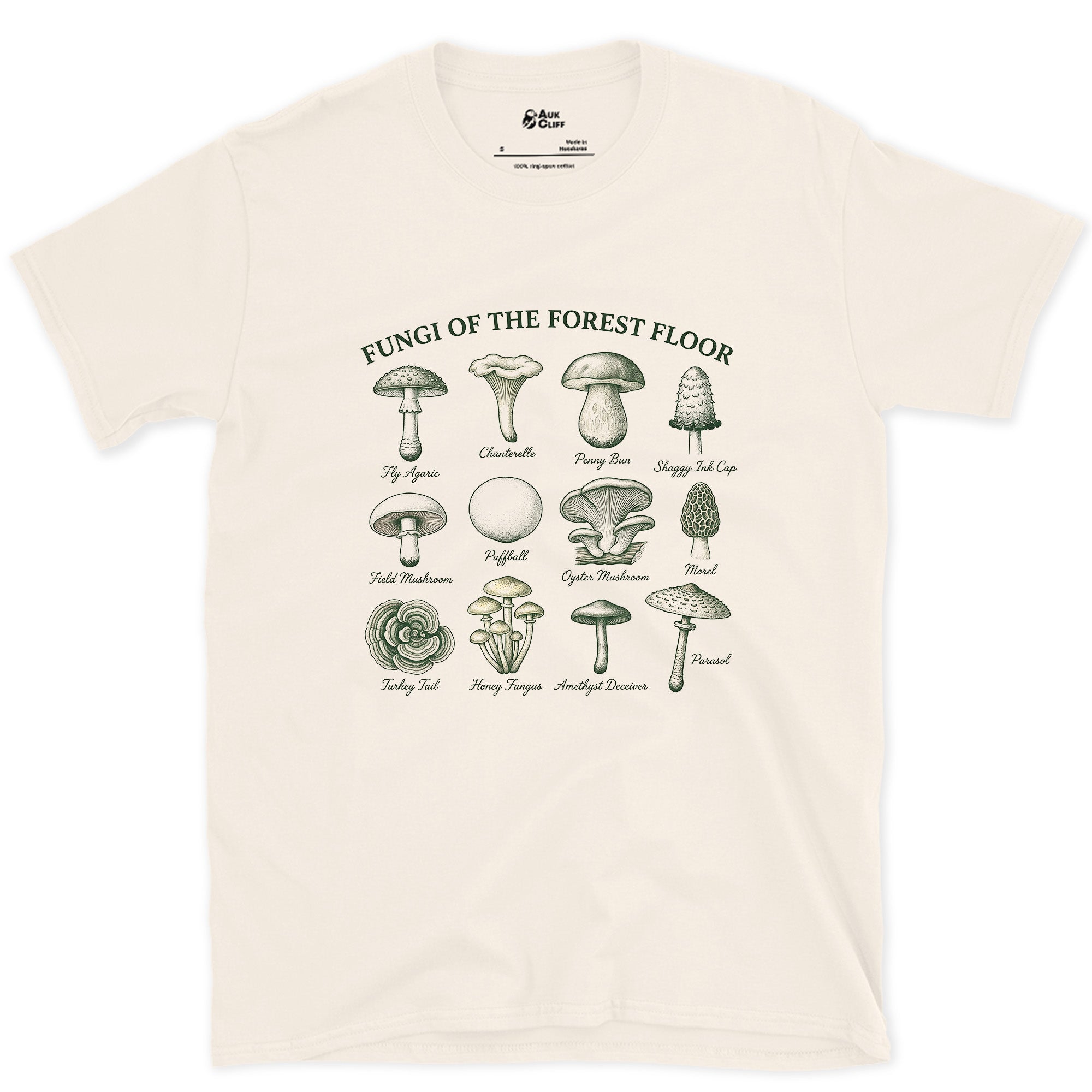 Eight Fungi of the Forest Floor design on a Natural Gildan Softstyle t-shirt