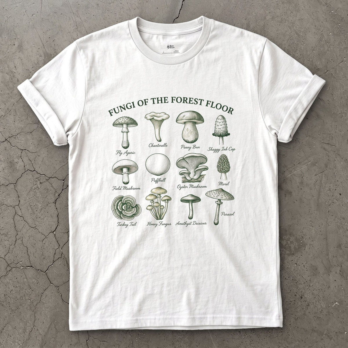 Eight Fungi of the Forest Floor design on a White Gildan Softstyle t-shirt
