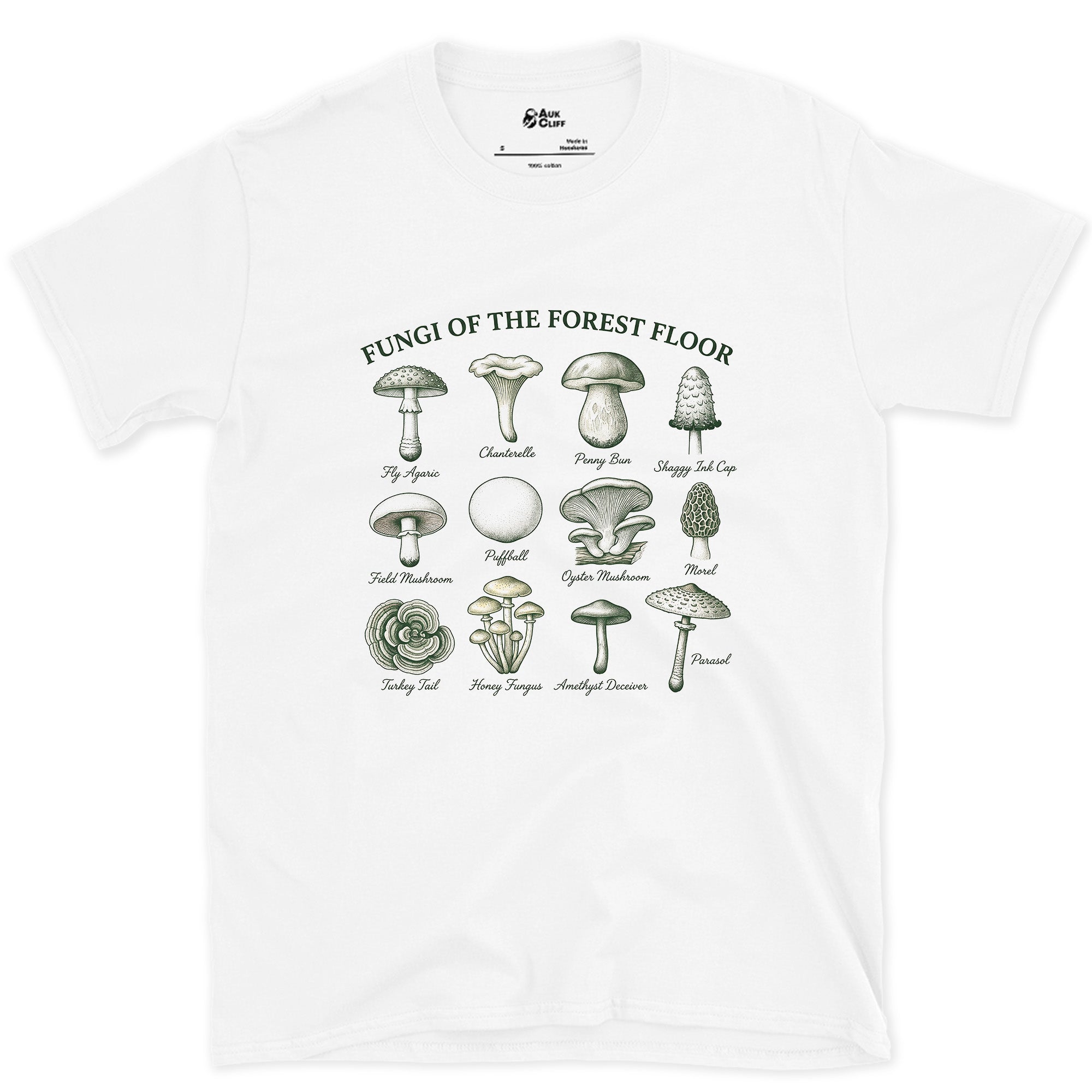 Eight Fungi of the Forest Floor design on a White Gildan Softstyle t-shirt