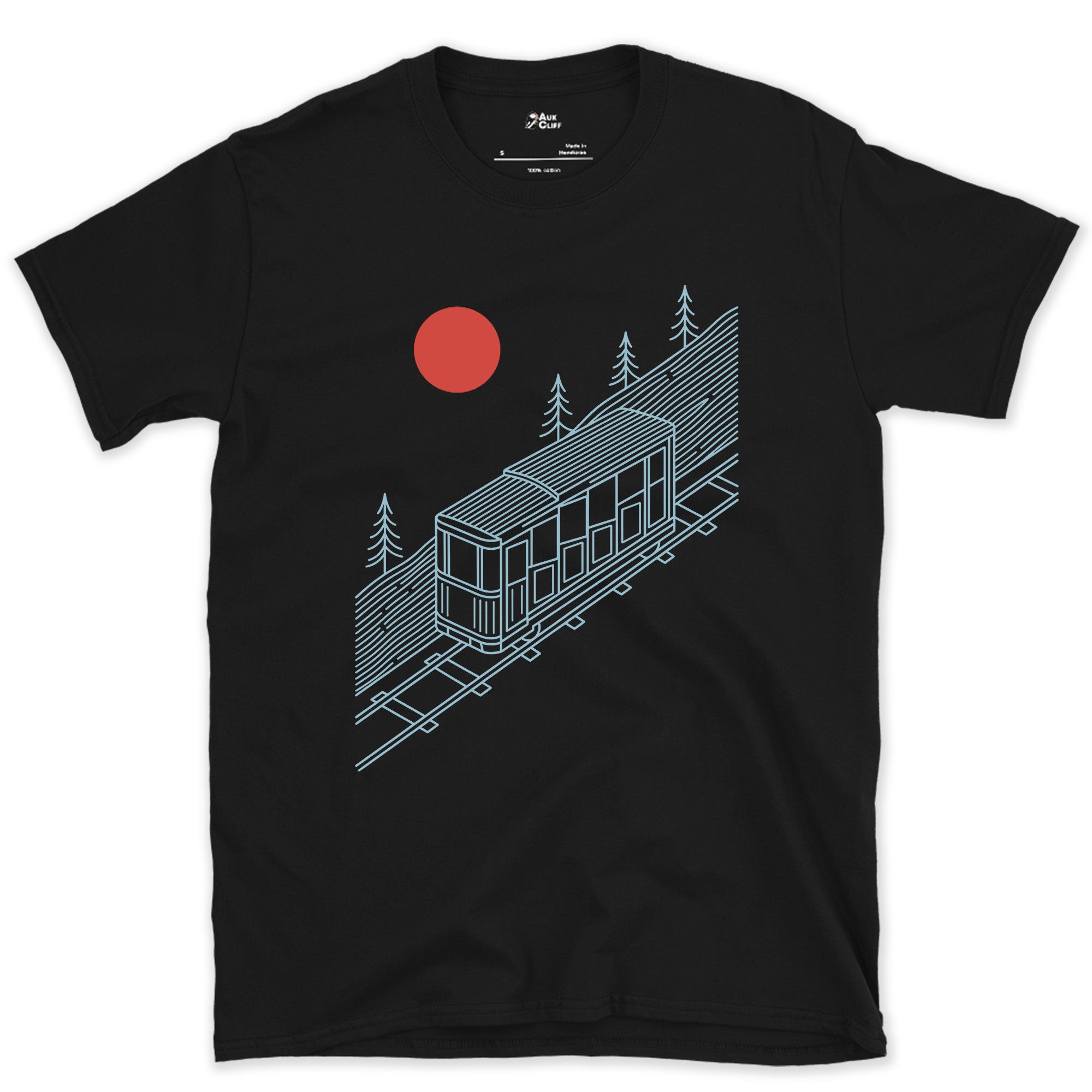 The Slope Does Most of the Work, Funicular design on a Black Gildan Softstyle t-shirt