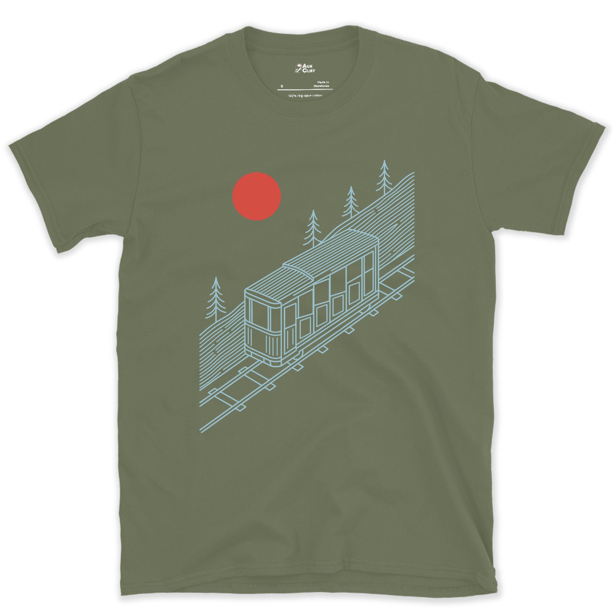 The Slope Does Most of the Work, Funicular design on a Military Green Gildan Softstyle t-shirt