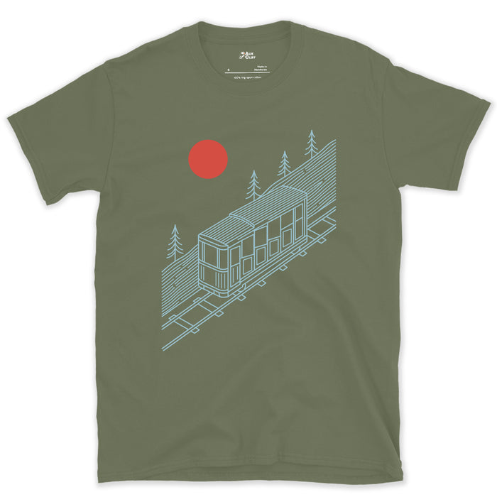 The Slope Does Most of the Work, Funicular design on a Military Green Gildan Softstyle t-shirt