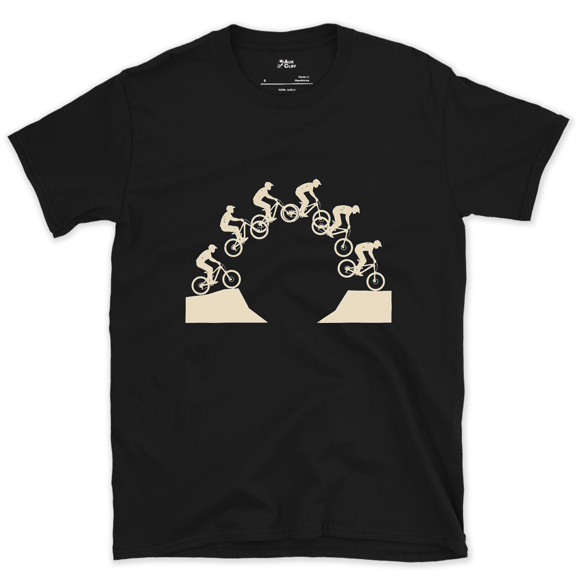 Mid Flight and Committed, Trail Jump Line design on a Black Gildan Softstyle t-shirt