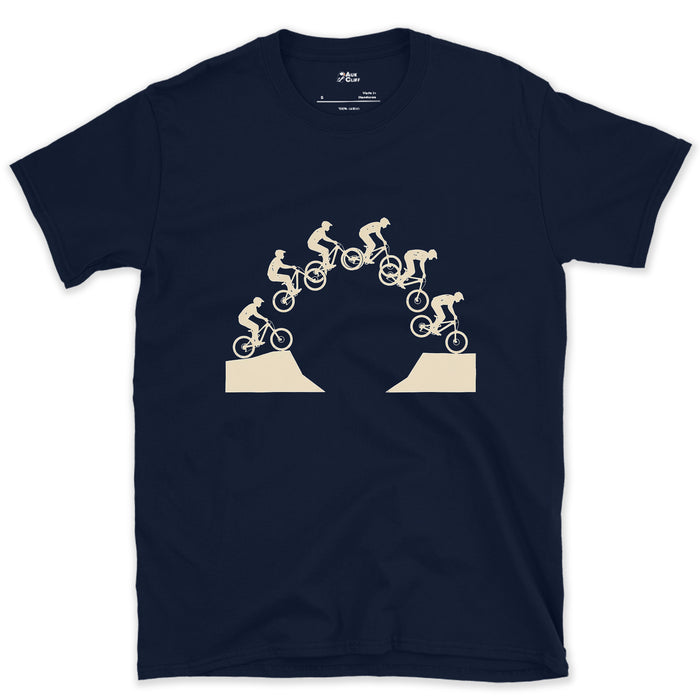 Mid Flight and Committed, Trail Jump Line design on a Navy Gildan Softstyle t-shirt