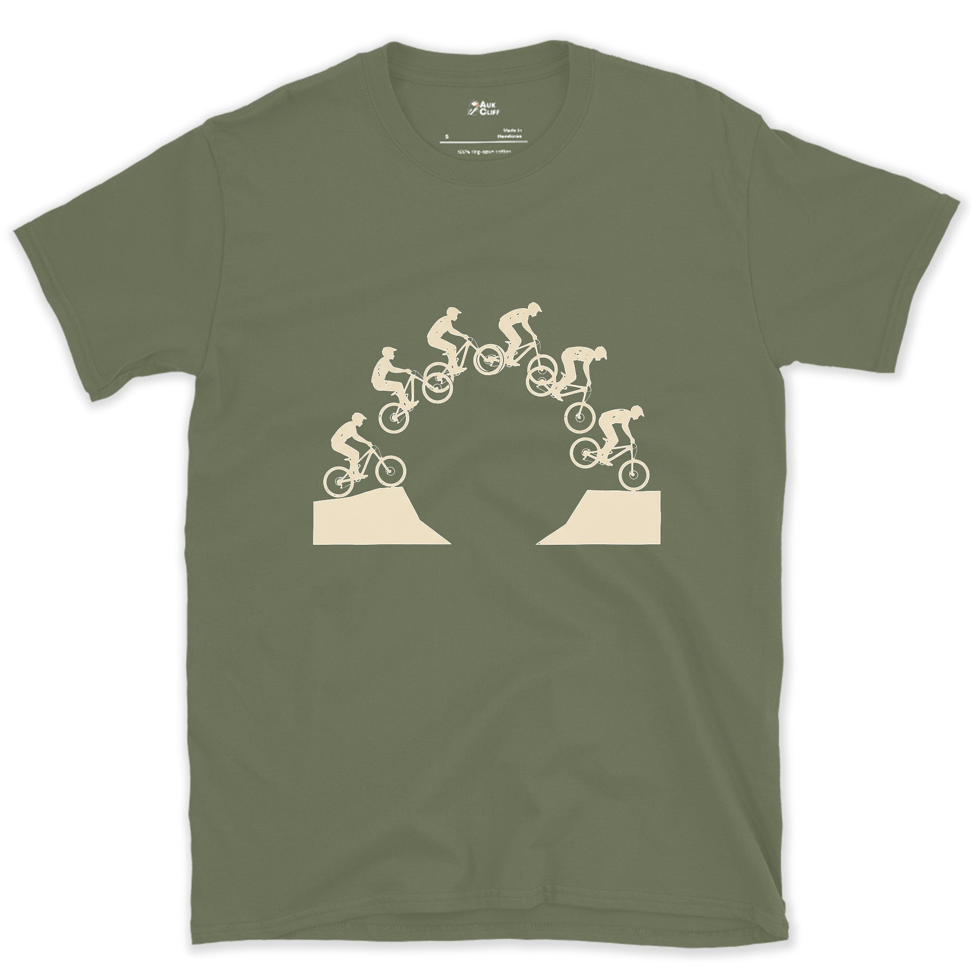 Mid Flight and Committed, Trail Jump Line design on a Military Green Gildan Softstyle t-shirt