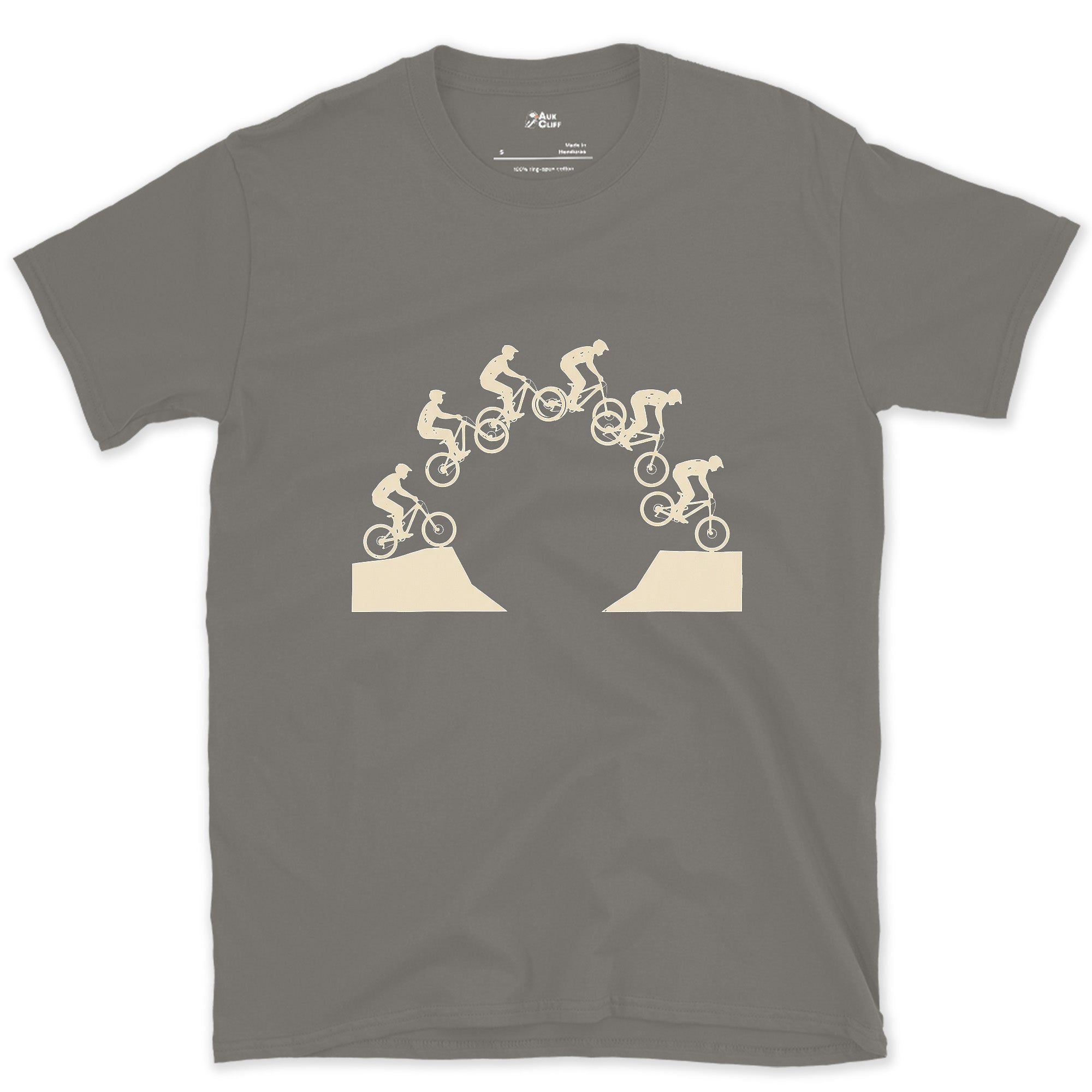 Mid Flight and Committed, Trail Jump Line design on a Charcoal Gildan Softstyle t-shirt