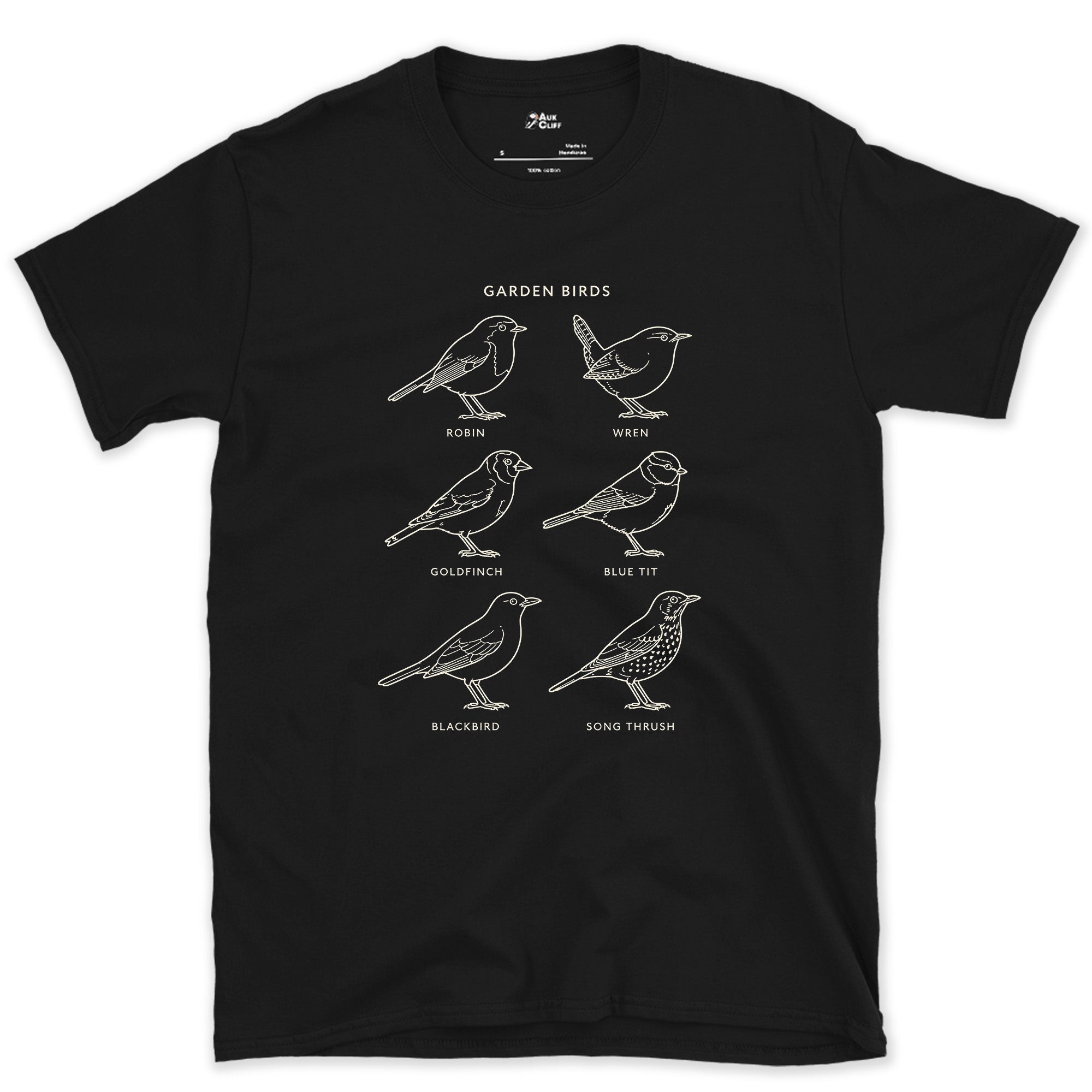 Garden Birds From Robin to Song Thrush design on a Black Gildan Softstyle t-shirt