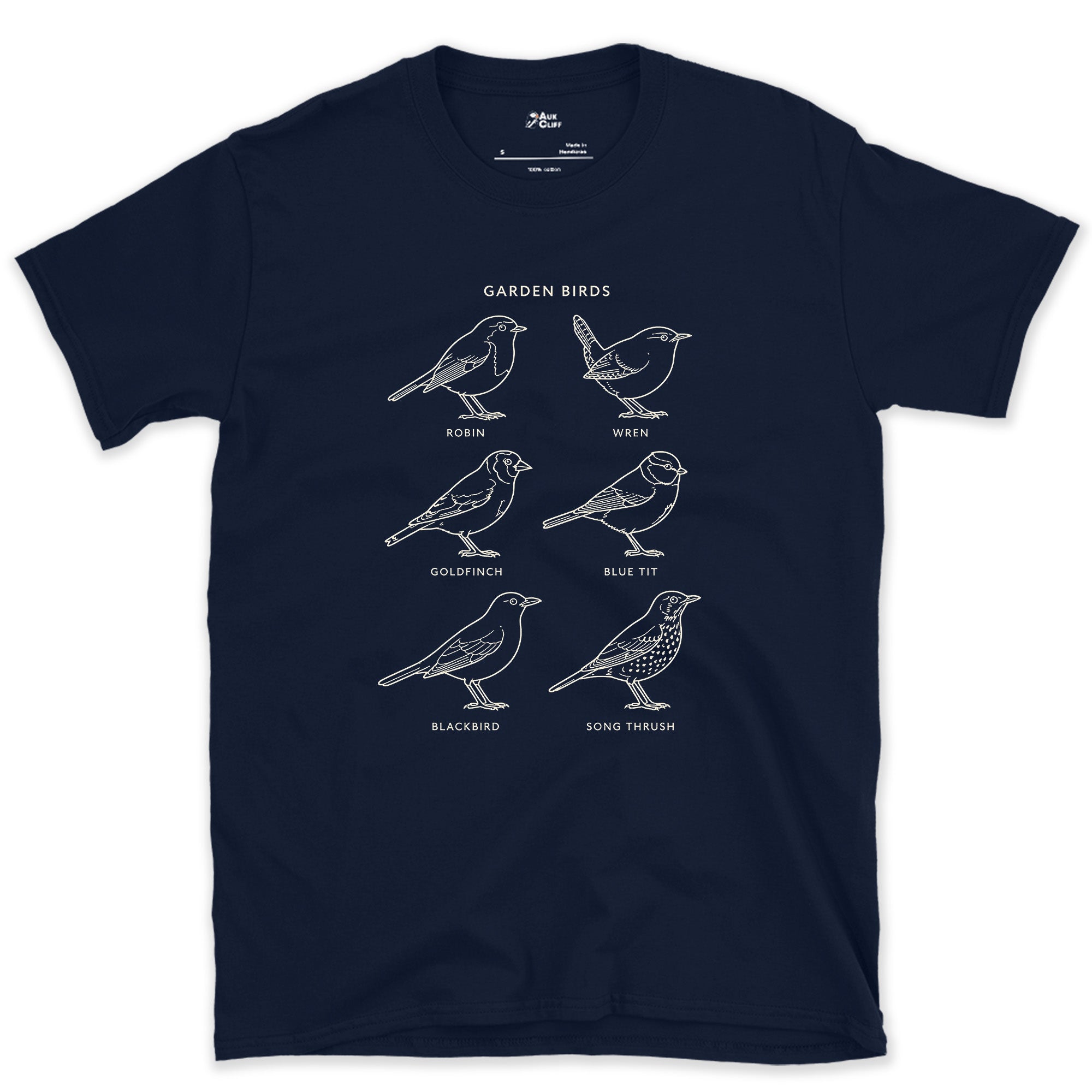 Garden Birds From Robin to Song Thrush design on a Navy Gildan Softstyle t-shirt