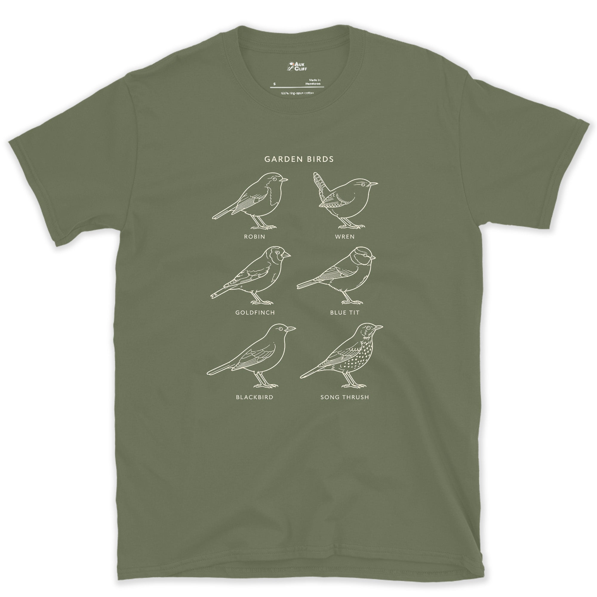 Garden Birds From Robin to Song Thrush design on a Military Green Gildan Softstyle t-shirt