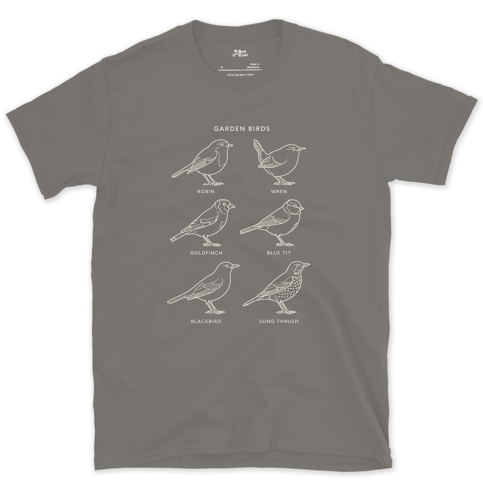 Garden Birds From Robin to Song Thrush design on a Charcoal Gildan Softstyle t-shirt