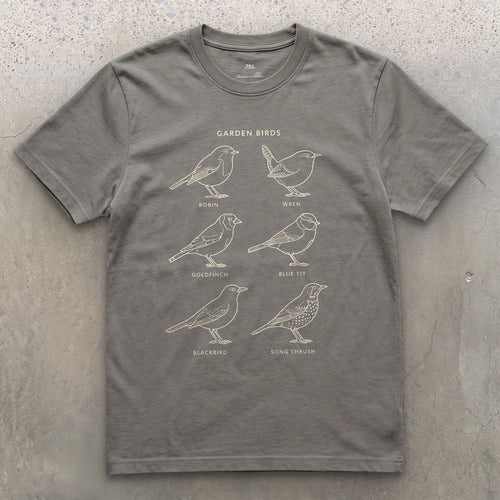 Garden Birds From Robin to Song Thrush design on a Charcoal Gildan Softstyle t-shirt