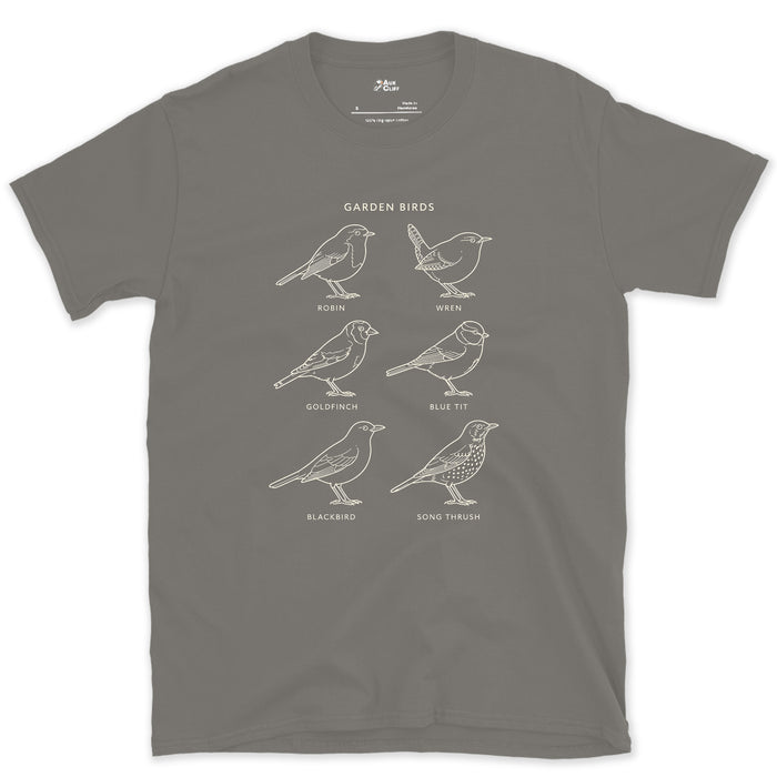 Garden Birds From Robin to Song Thrush design on a Charcoal Gildan Softstyle t-shirt