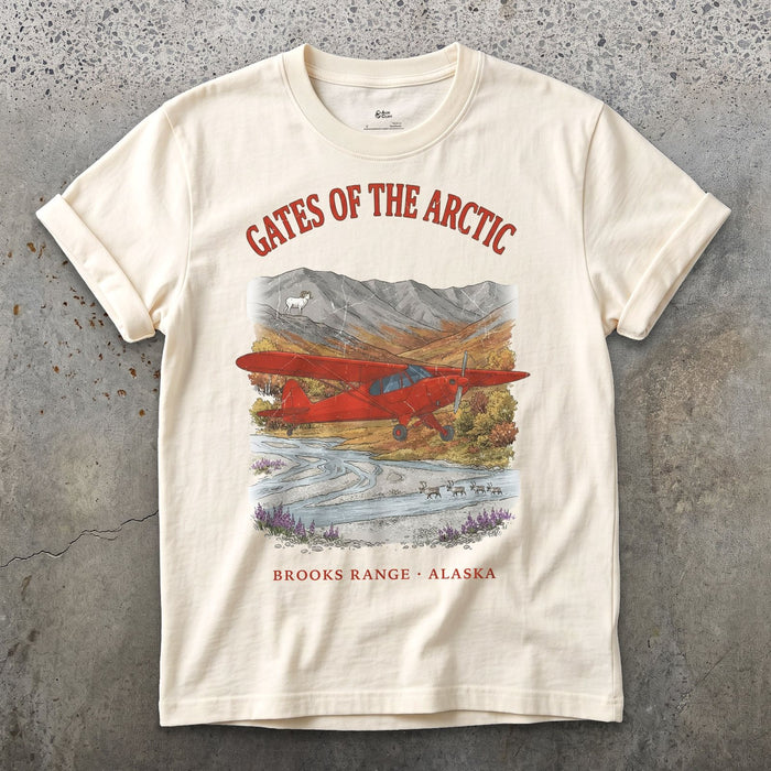Gates of the Arctic Bush Plane design on a Natural Gildan Softstyle t-shirt