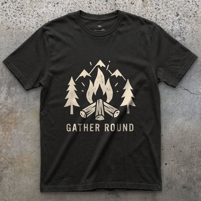 Gather Round, Mountains and Firewood design on a Black Gildan Softstyle t-shirt