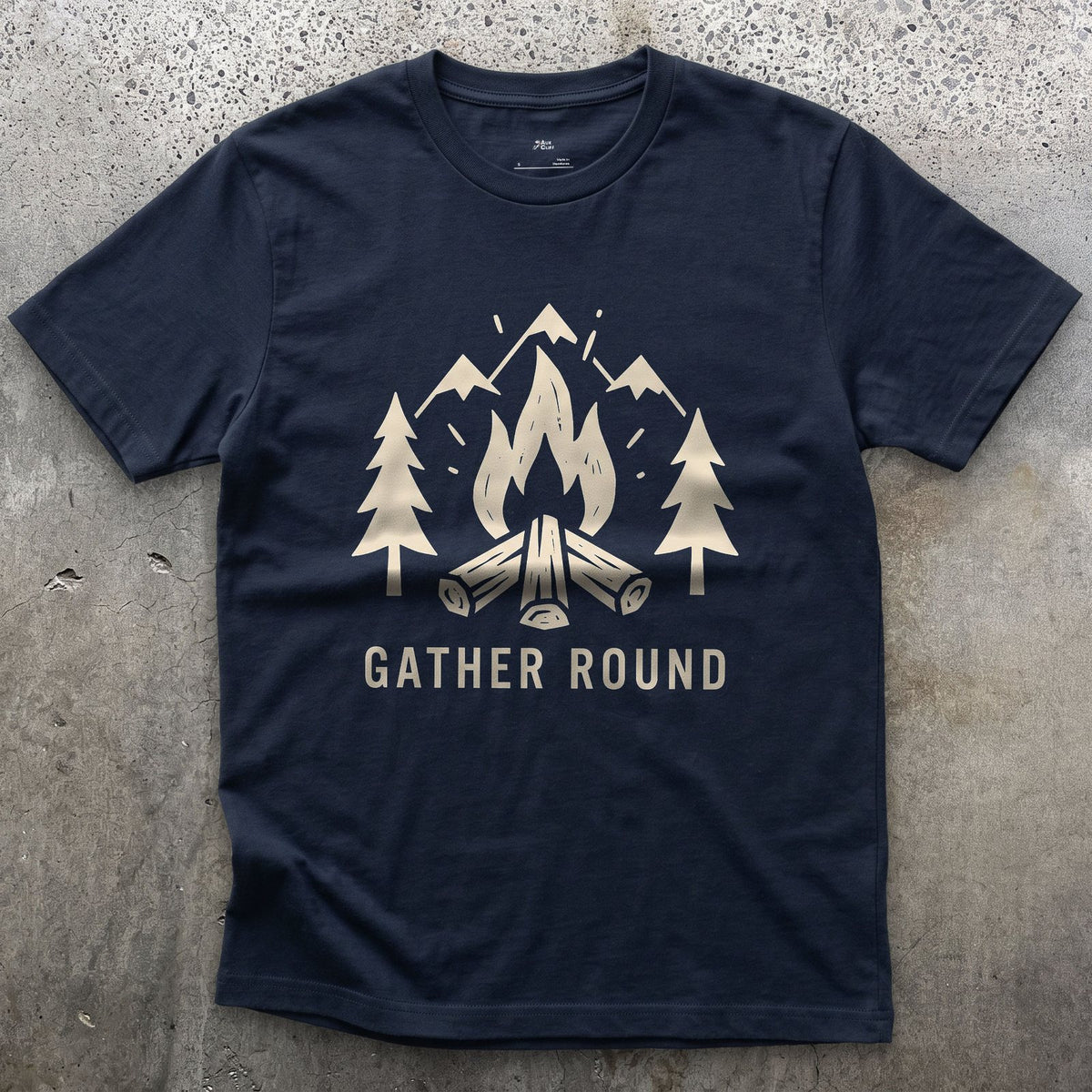 Gather Round, Mountains and Firewood design on a Navy Gildan Softstyle t-shirt
