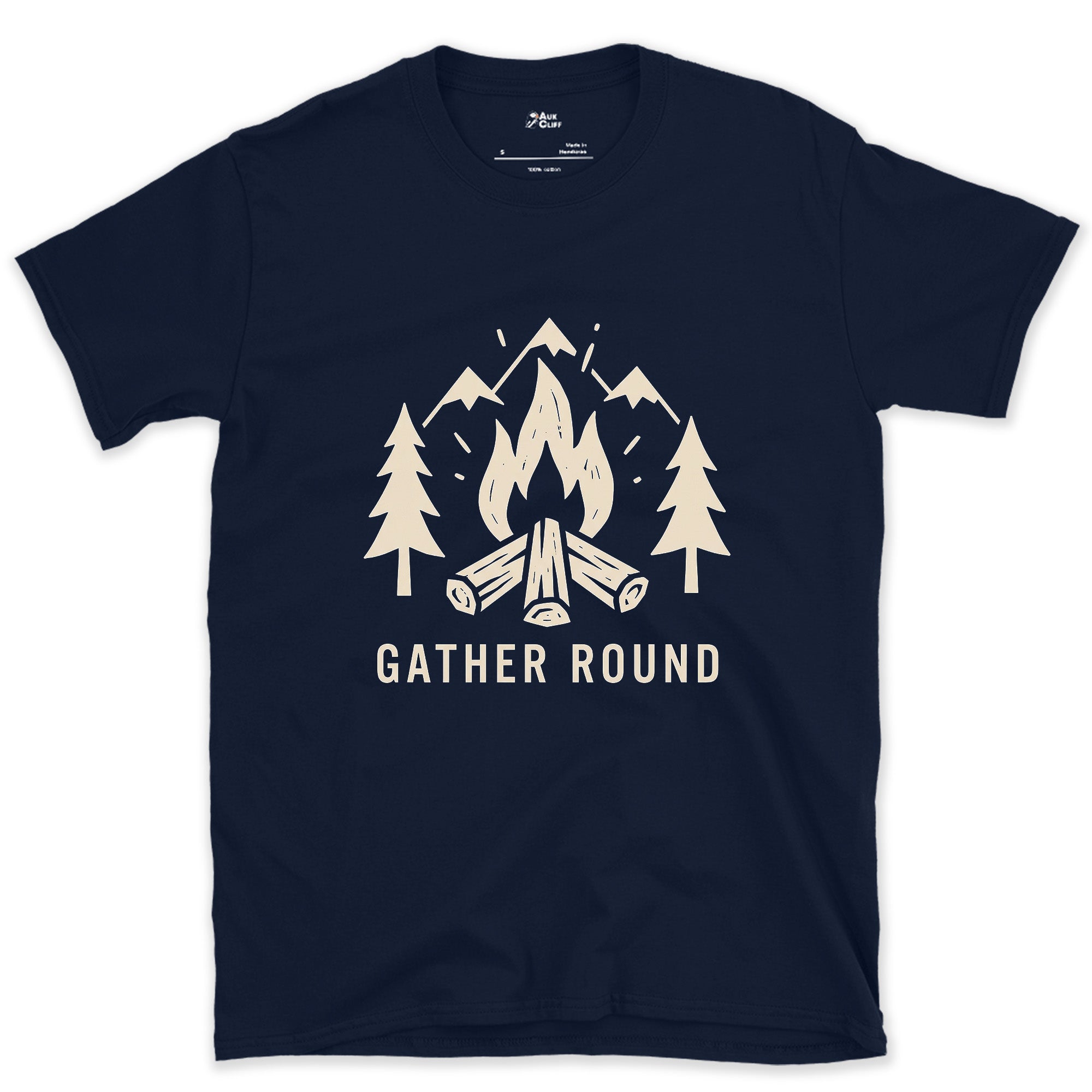 Gather Round, Mountains and Firewood design on a Navy Gildan Softstyle t-shirt