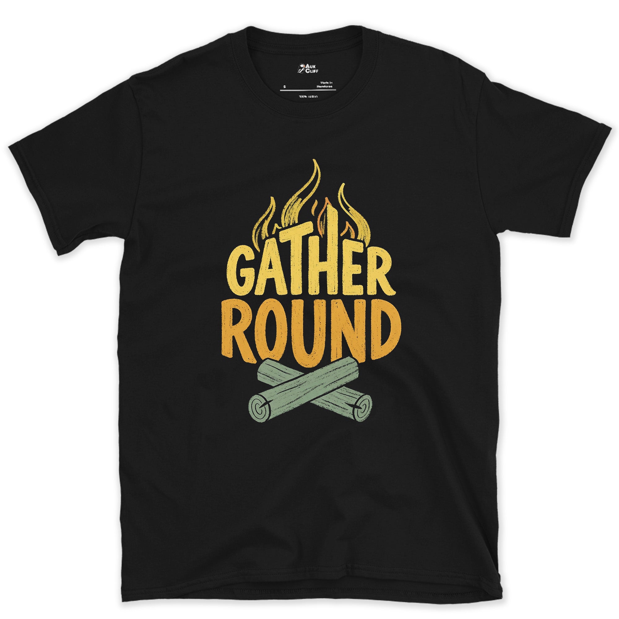 Gather Round the Camp Fire design on a Black Gildan Softstyle t-shirt