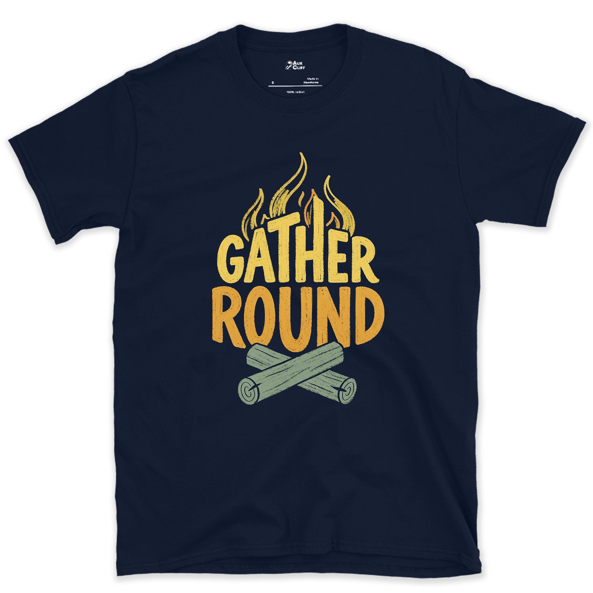 Gather Round the Camp Fire design on a Navy Gildan Softstyle t-shirt