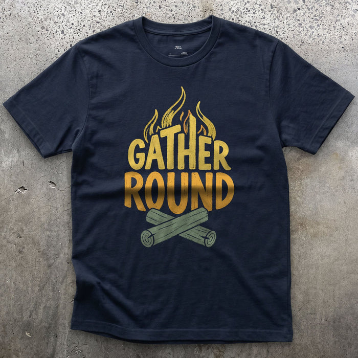 Gather Round the Camp Fire design on a Navy Gildan Softstyle t-shirt