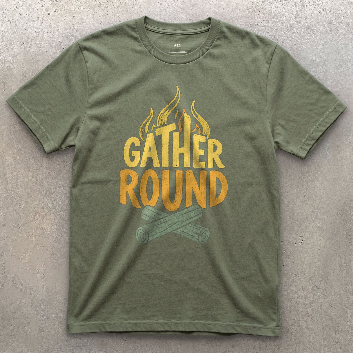 Gather Round the Camp Fire design on a Military Green Gildan Softstyle t-shirt