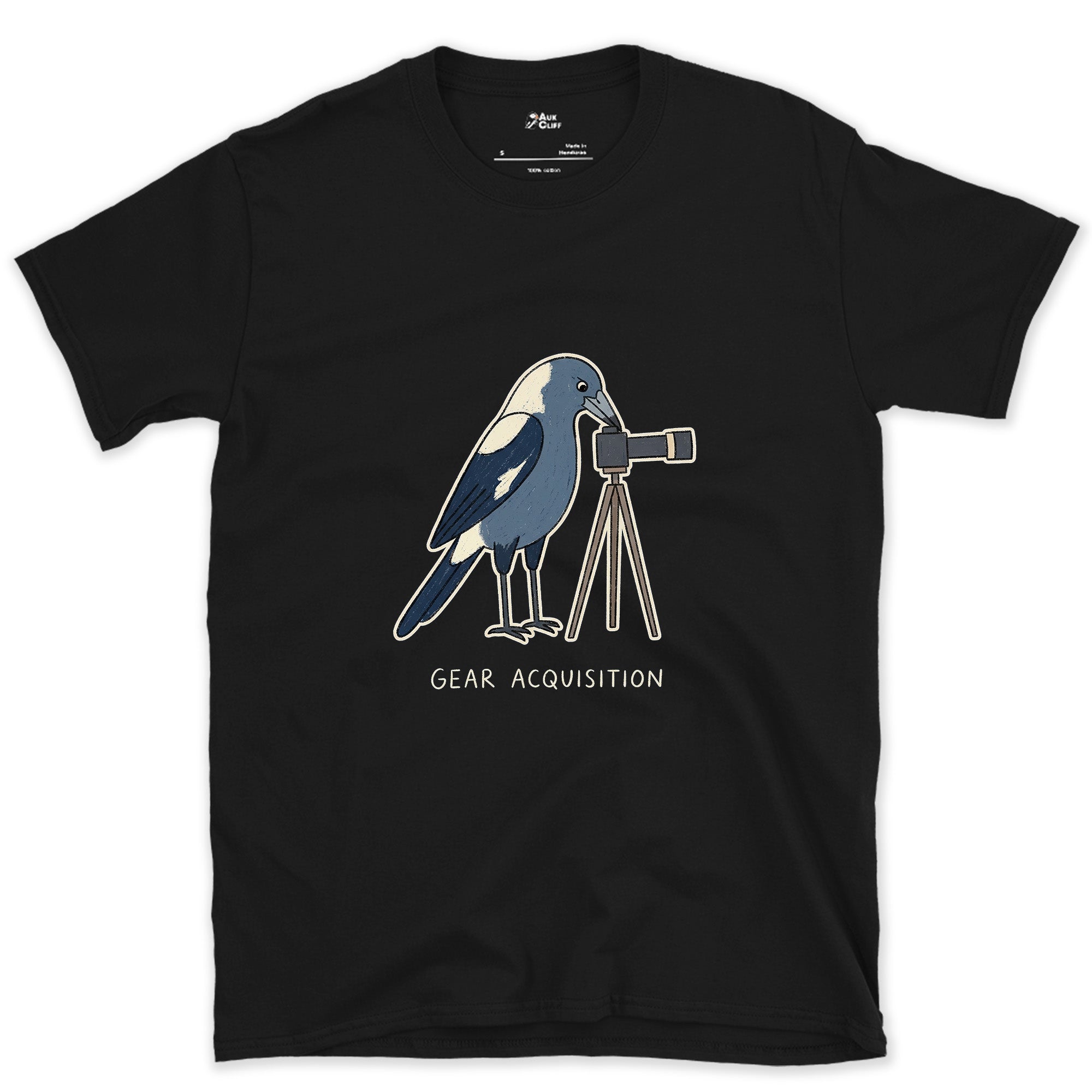 Gear Acquisition, Magpie With a Camera design on a Black Gildan Softstyle t-shirt