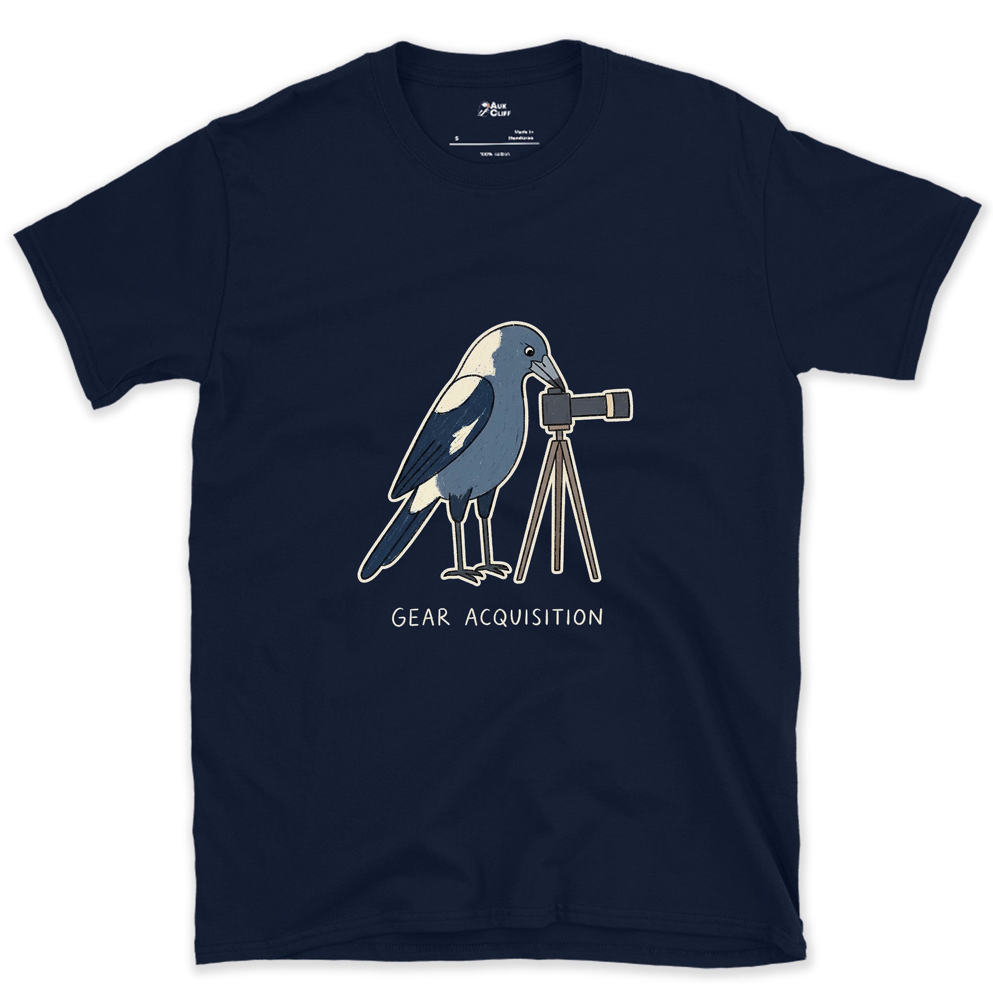 Gear Acquisition, Magpie With a Camera design on a Navy Gildan Softstyle t-shirt