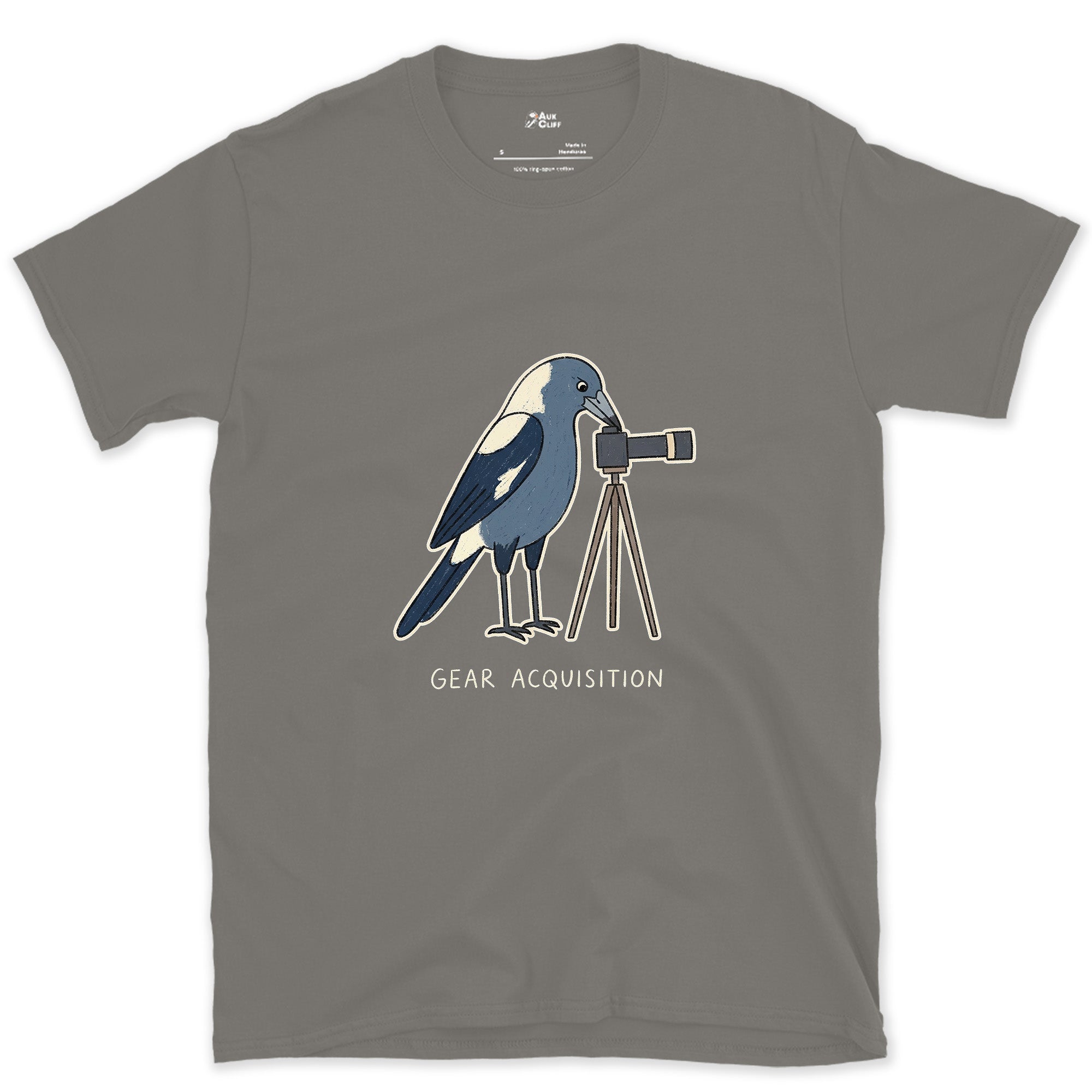 Gear Acquisition, Magpie With a Camera design on a Charcoal Gildan Softstyle t-shirt