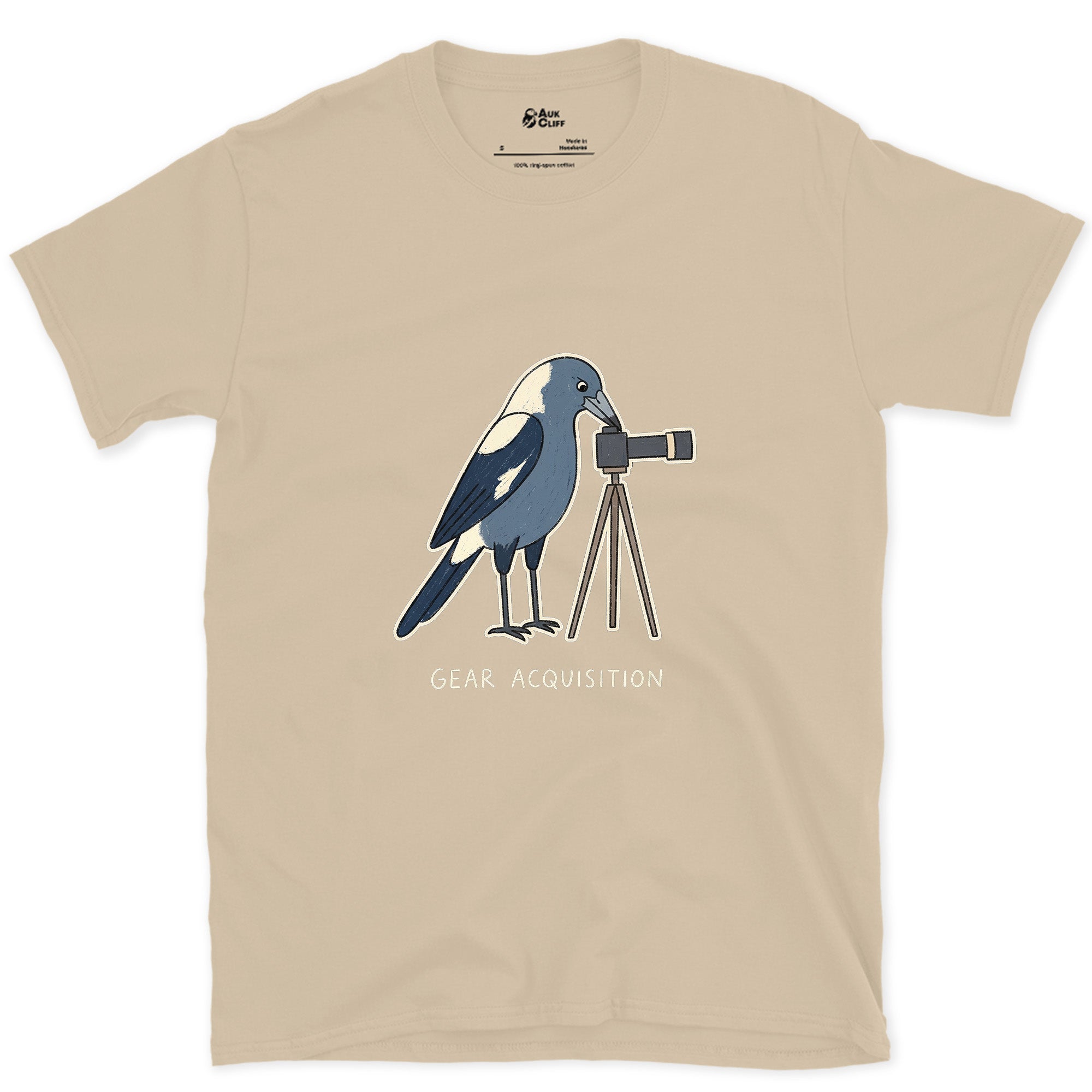 Gear Acquisition, Magpie With a Camera design on a Sand Gildan Softstyle t-shirt