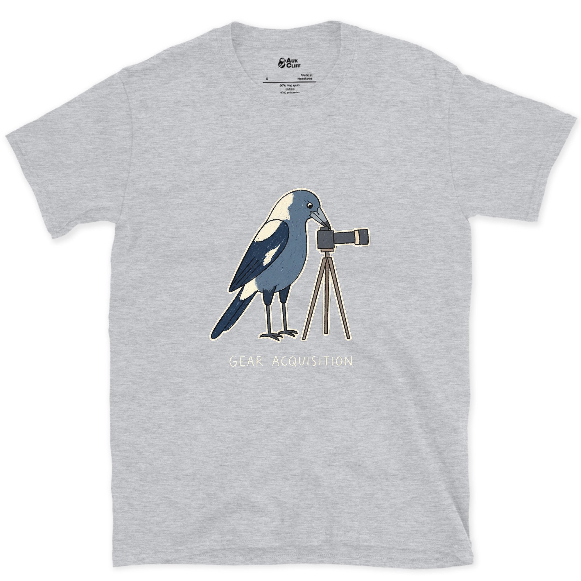 Gear Acquisition, Magpie With a Camera design on a Sport Grey Gildan Softstyle t-shirt