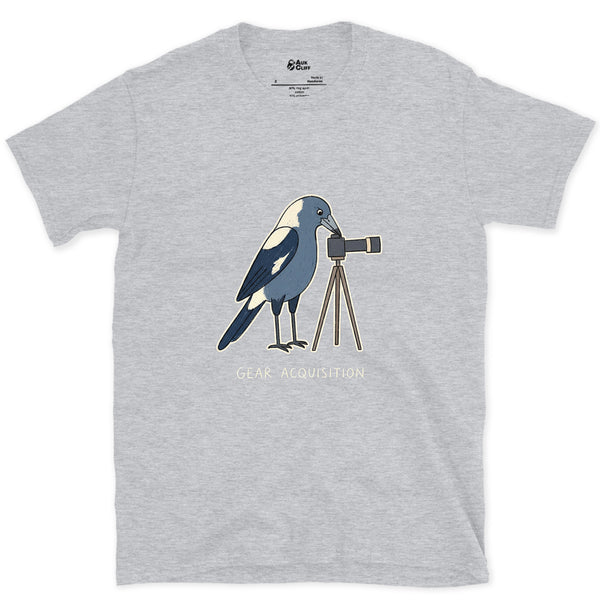 Gear Acquisition, Magpie With a Camera design on a Sport Grey Gildan Softstyle t-shirt