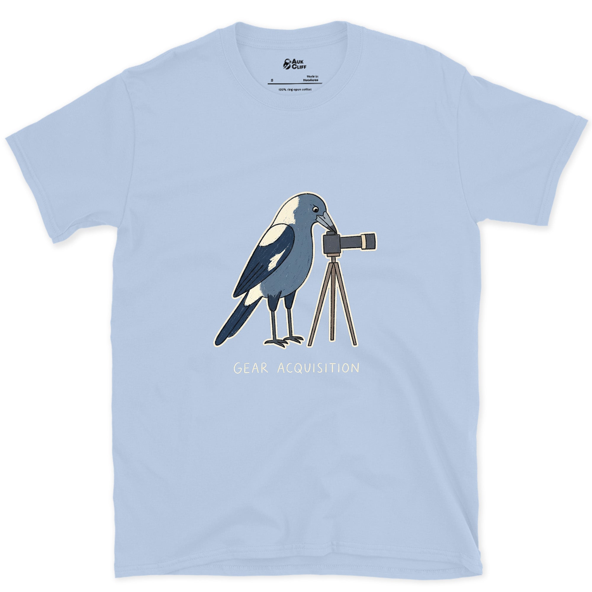Gear Acquisition, Magpie With a Camera design on a Light Blue Gildan Softstyle t-shirt