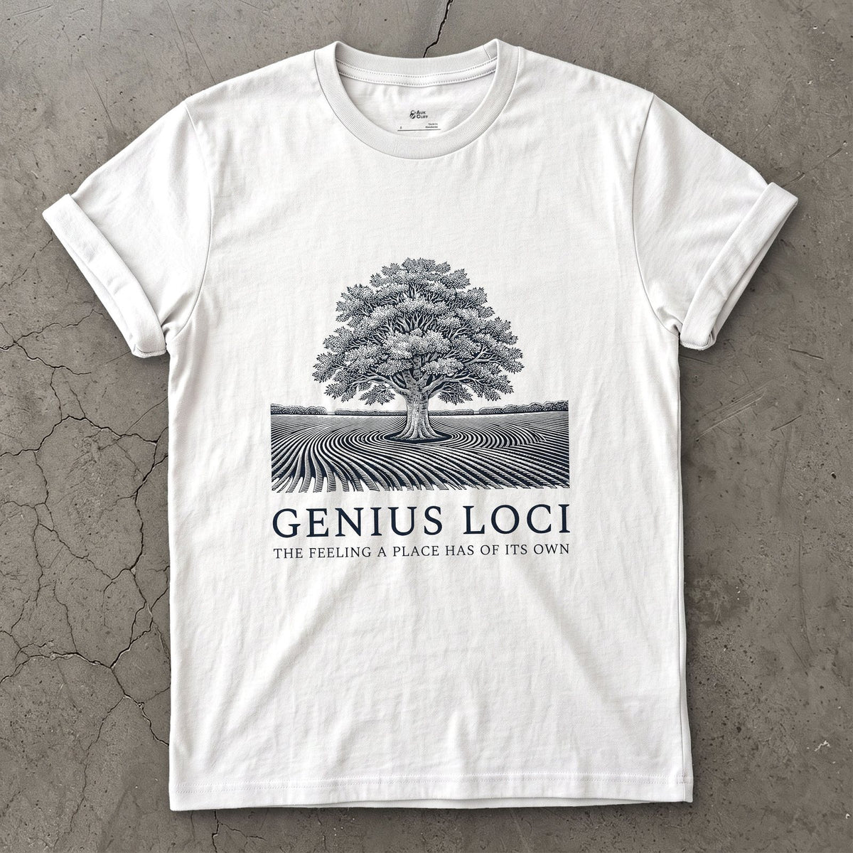 Genius Loci, the Feeling a Place Has of Its Own design on a White Gildan Softstyle t-shirt