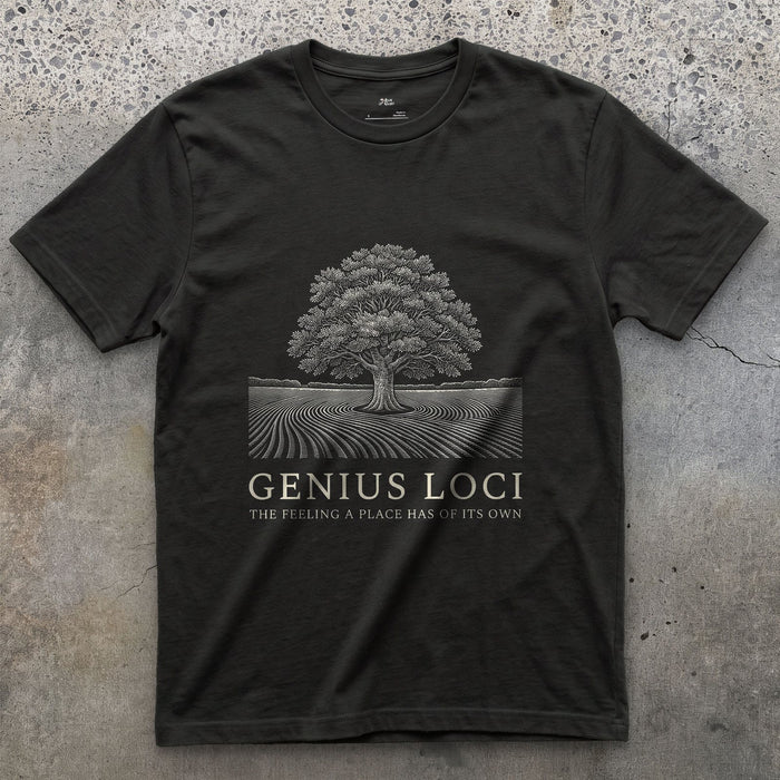 Genius Loci, the Feeling a Place Has of Its Own design on a Black Gildan Softstyle t-shirt