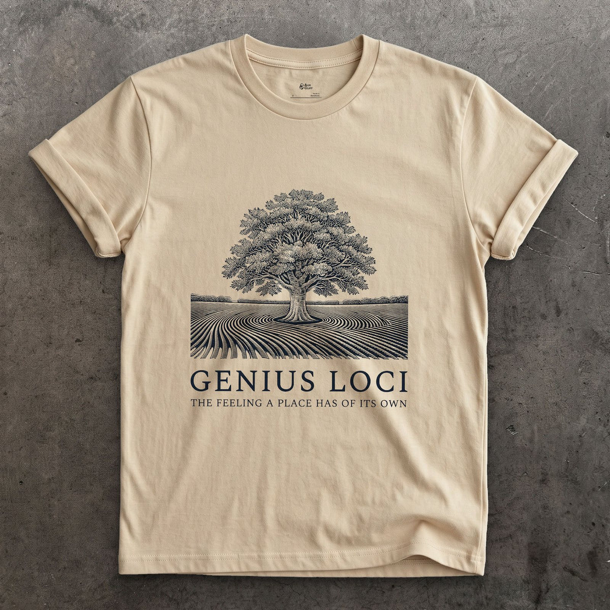 Genius Loci, the Feeling a Place Has of Its Own design on a Sand Gildan Softstyle t-shirt