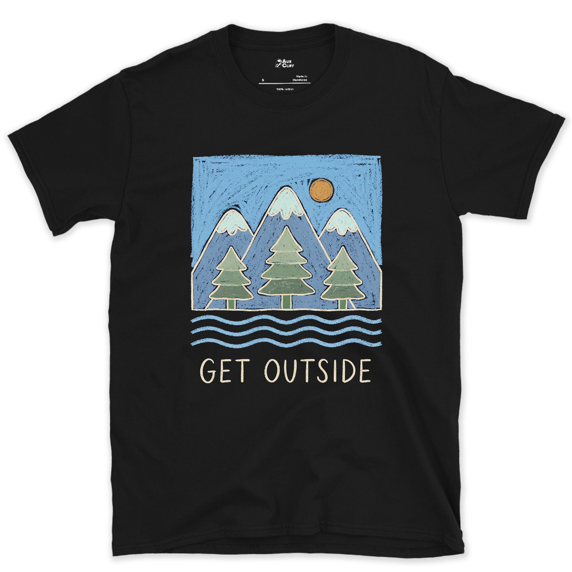 Get Outside, Pines and Moving Water design on a Black Gildan Softstyle t-shirt
