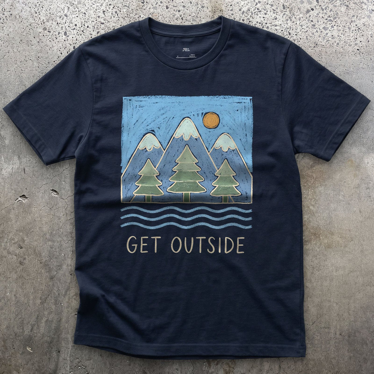 Get Outside, Pines and Moving Water design on a Navy Gildan Softstyle t-shirt