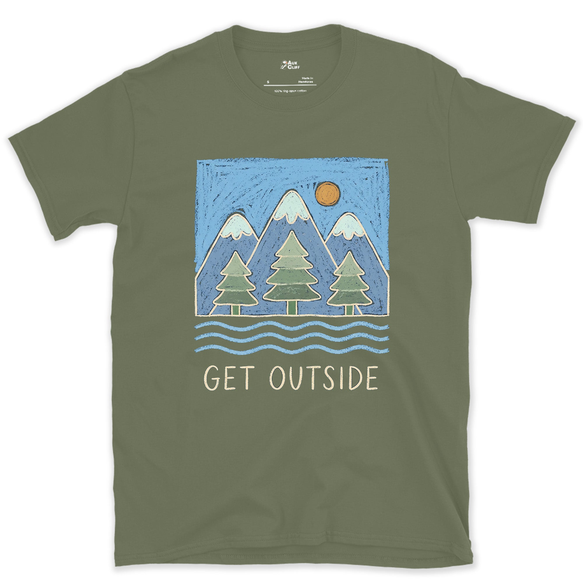 Get Outside, Pines and Moving Water design on a Military Green Gildan Softstyle t-shirt