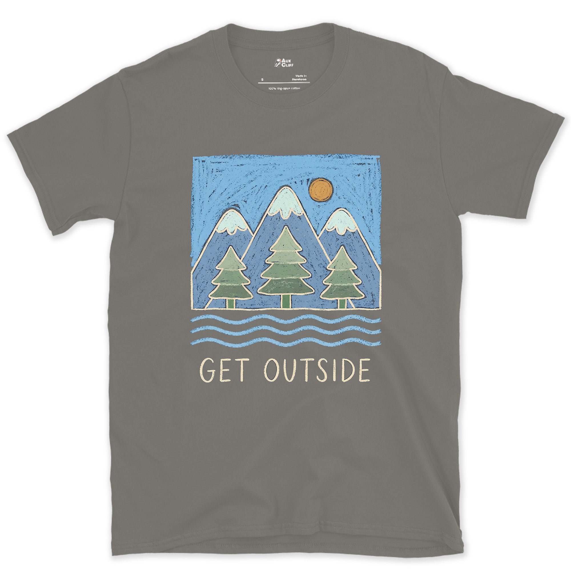 Get Outside, Pines and Moving Water design on a Charcoal Gildan Softstyle t-shirt