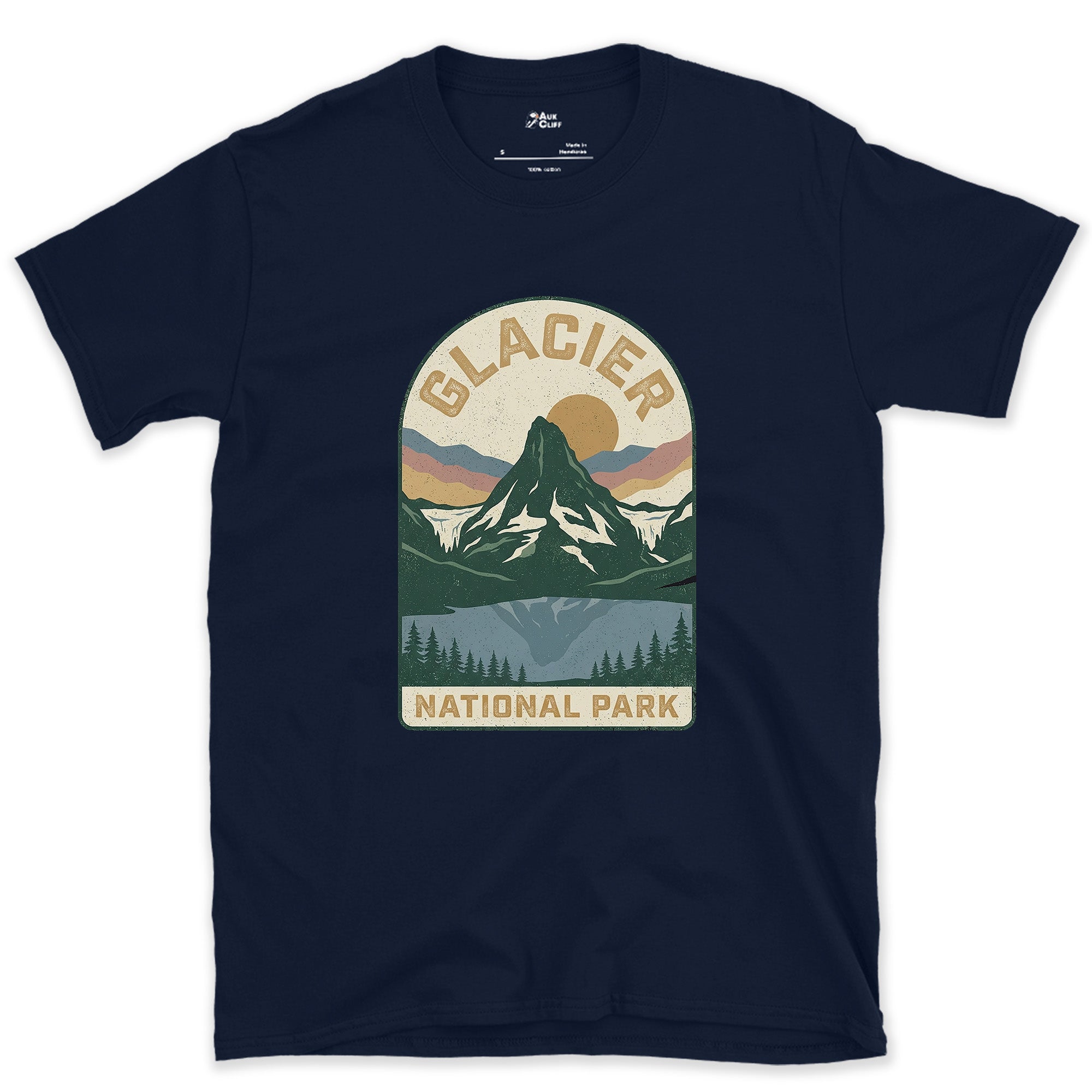 Glacier National Park Badge design on a Navy Gildan Softstyle t-shirt