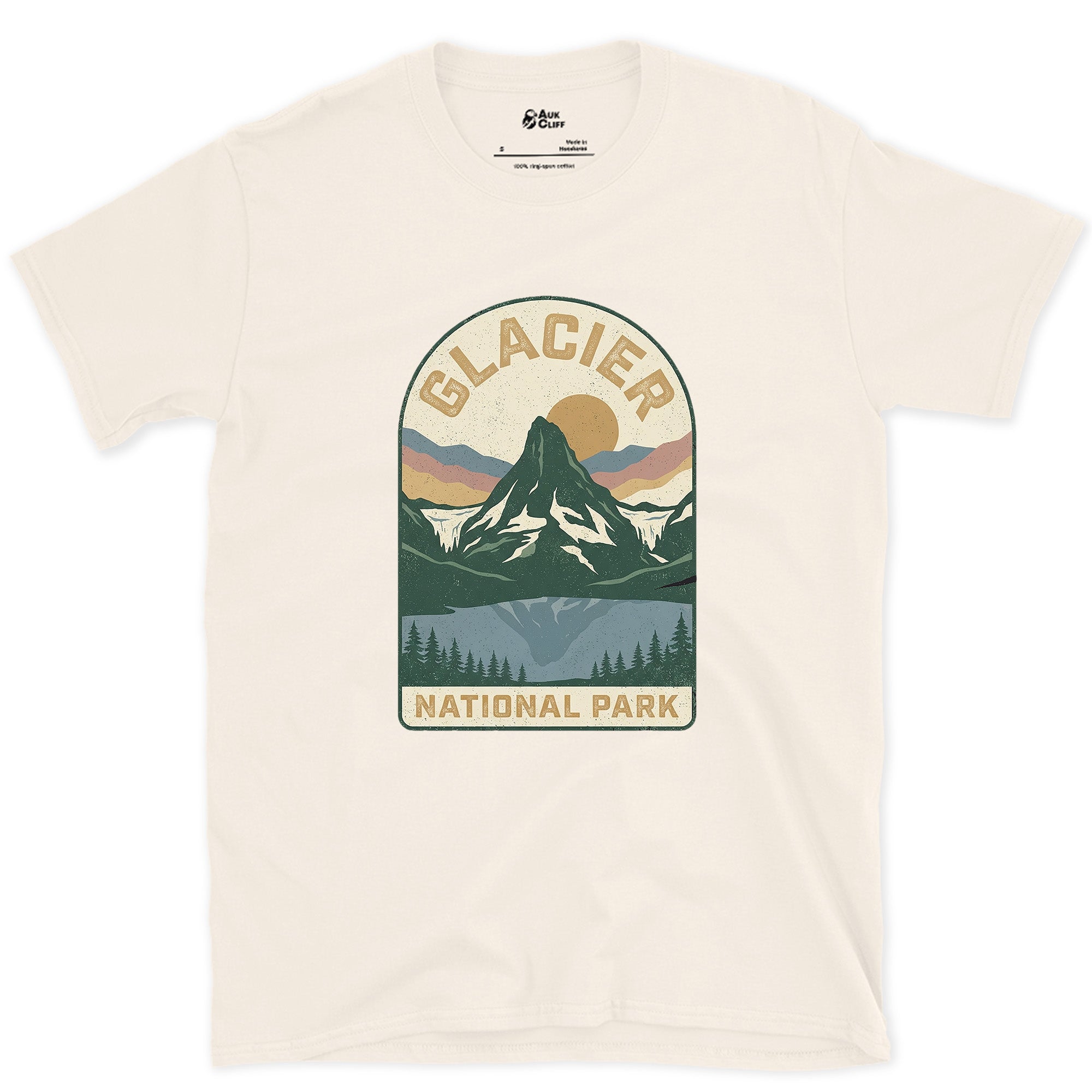 Glacier National Park Badge design on a Natural Gildan Softstyle t-shirt