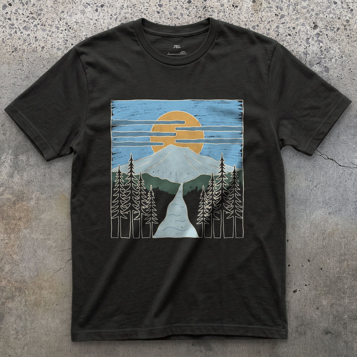The River and Birds Get Equal Billing With the Peak design on a Black Gildan Softstyle t-shirt