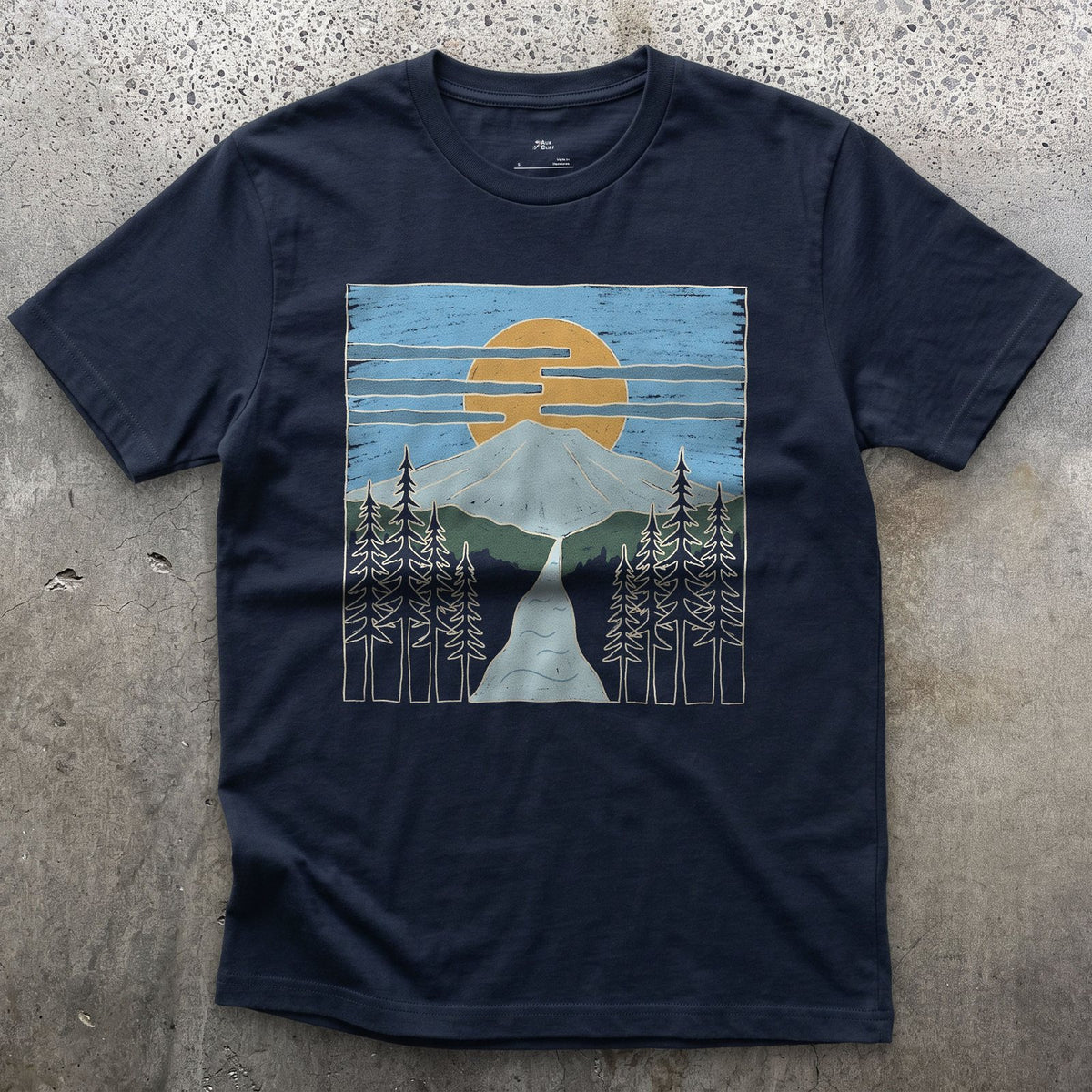 The River and Birds Get Equal Billing With the Peak design on a Navy Gildan Softstyle t-shirt