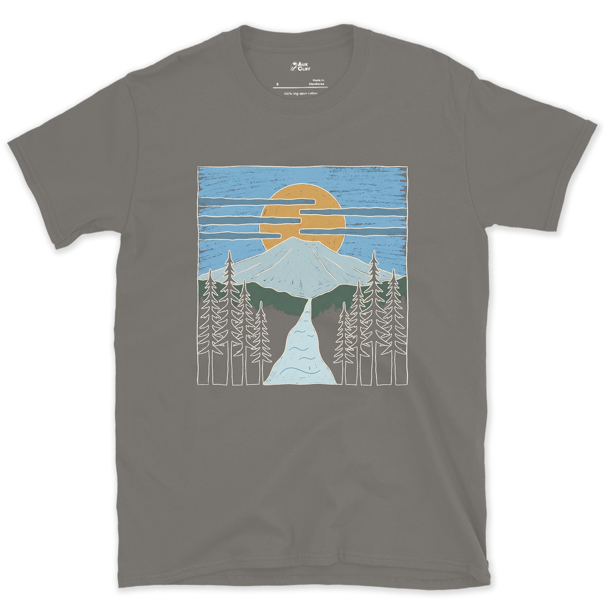 The River and Birds Get Equal Billing With the Peak design on a Charcoal Gildan Softstyle t-shirt