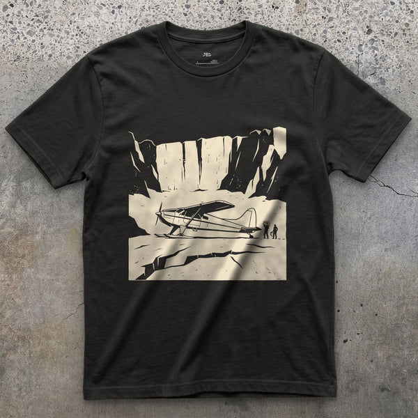 Landed on the Glacier With Skis Instead of Wheels design on a Black Gildan Softstyle t-shirt