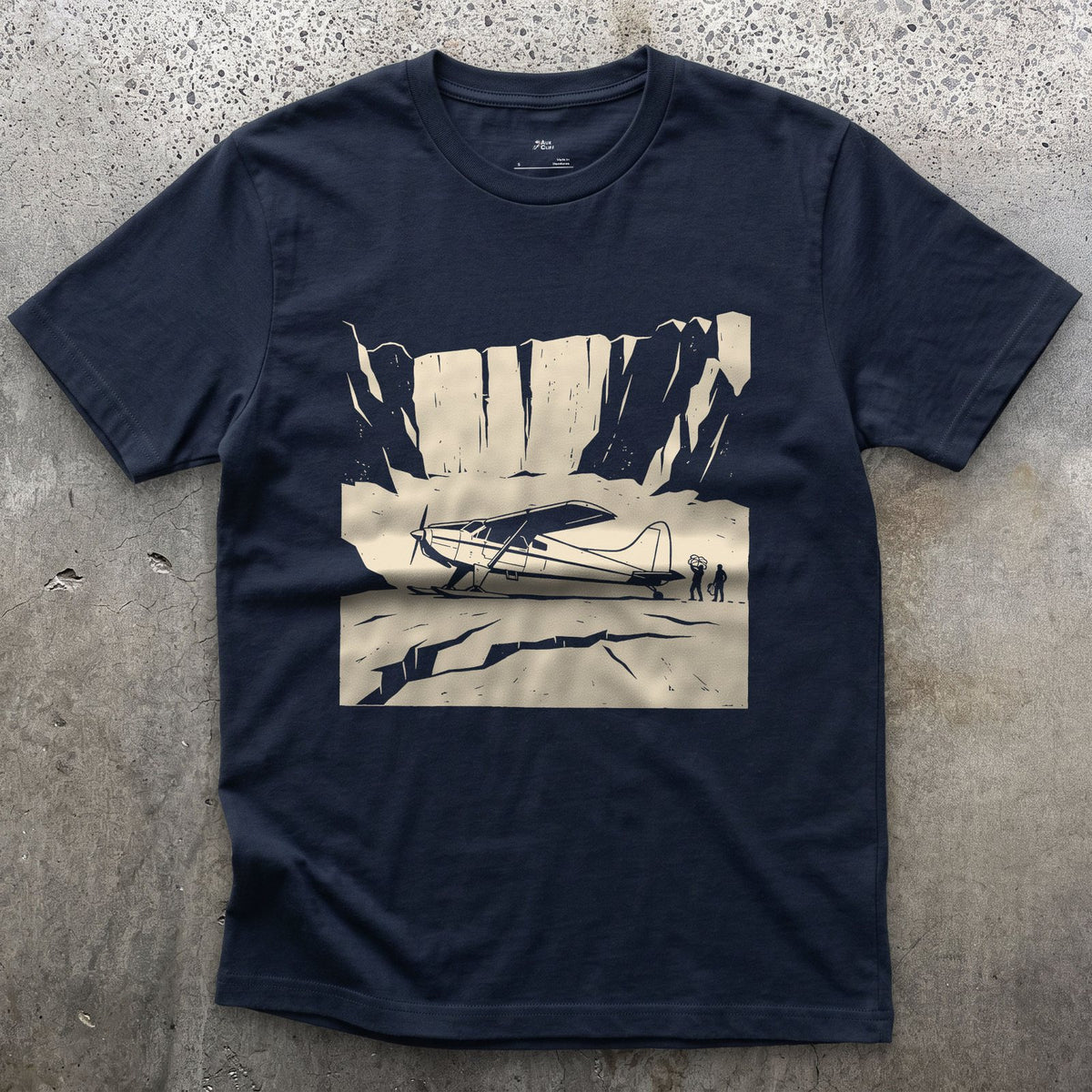 Landed on the Glacier With Skis Instead of Wheels design on a Navy Gildan Softstyle t-shirt