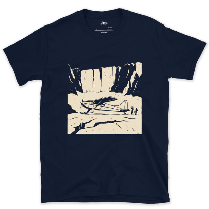 Landed on the Glacier With Skis Instead of Wheels design on a Navy Gildan Softstyle t-shirt