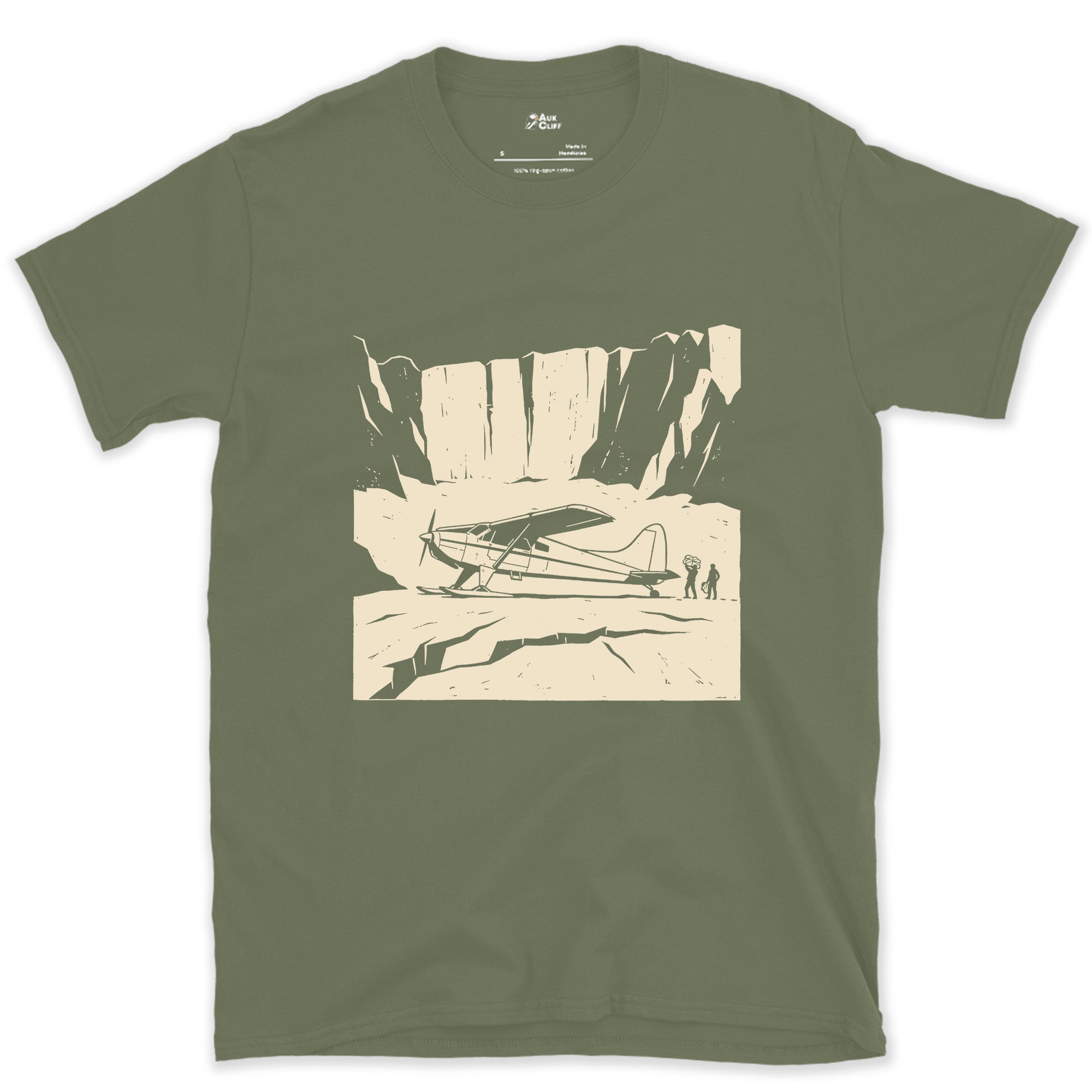 Landed on the Glacier With Skis Instead of Wheels design on a Military Green Gildan Softstyle t-shirt