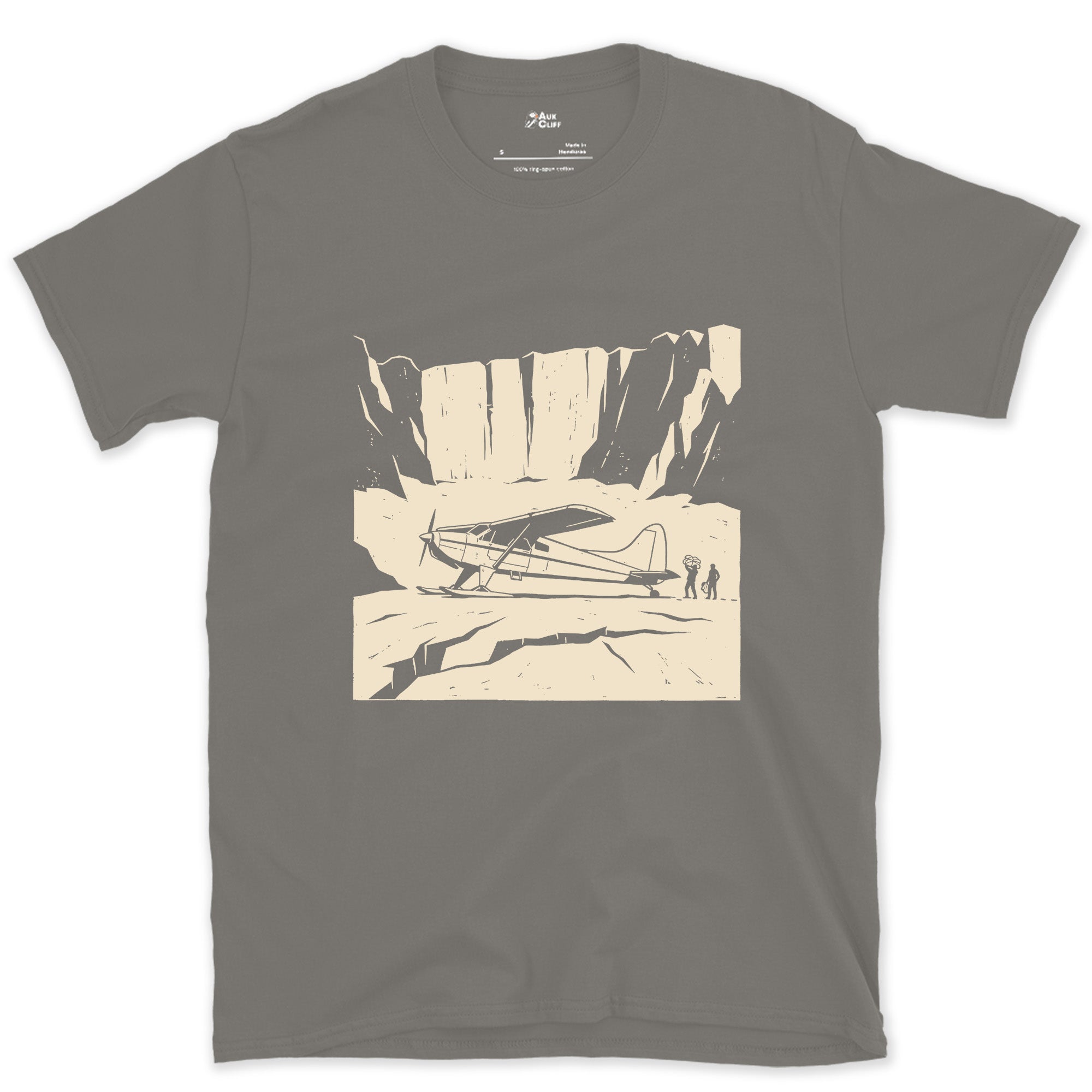 Landed on the Glacier With Skis Instead of Wheels design on a Charcoal Gildan Softstyle t-shirt