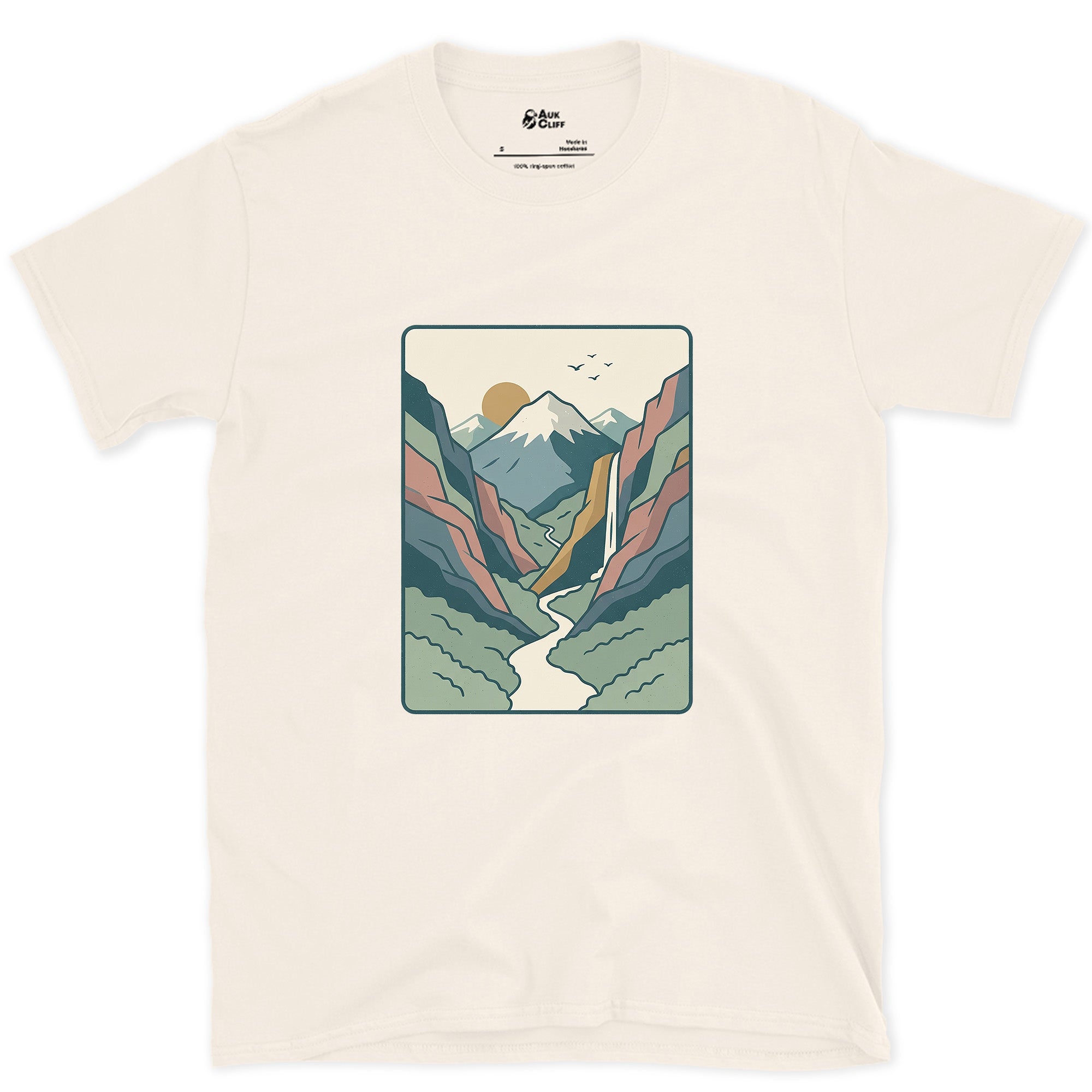 Where the Waterfall Feeds the River Gorge design on a Natural Gildan Softstyle t-shirt