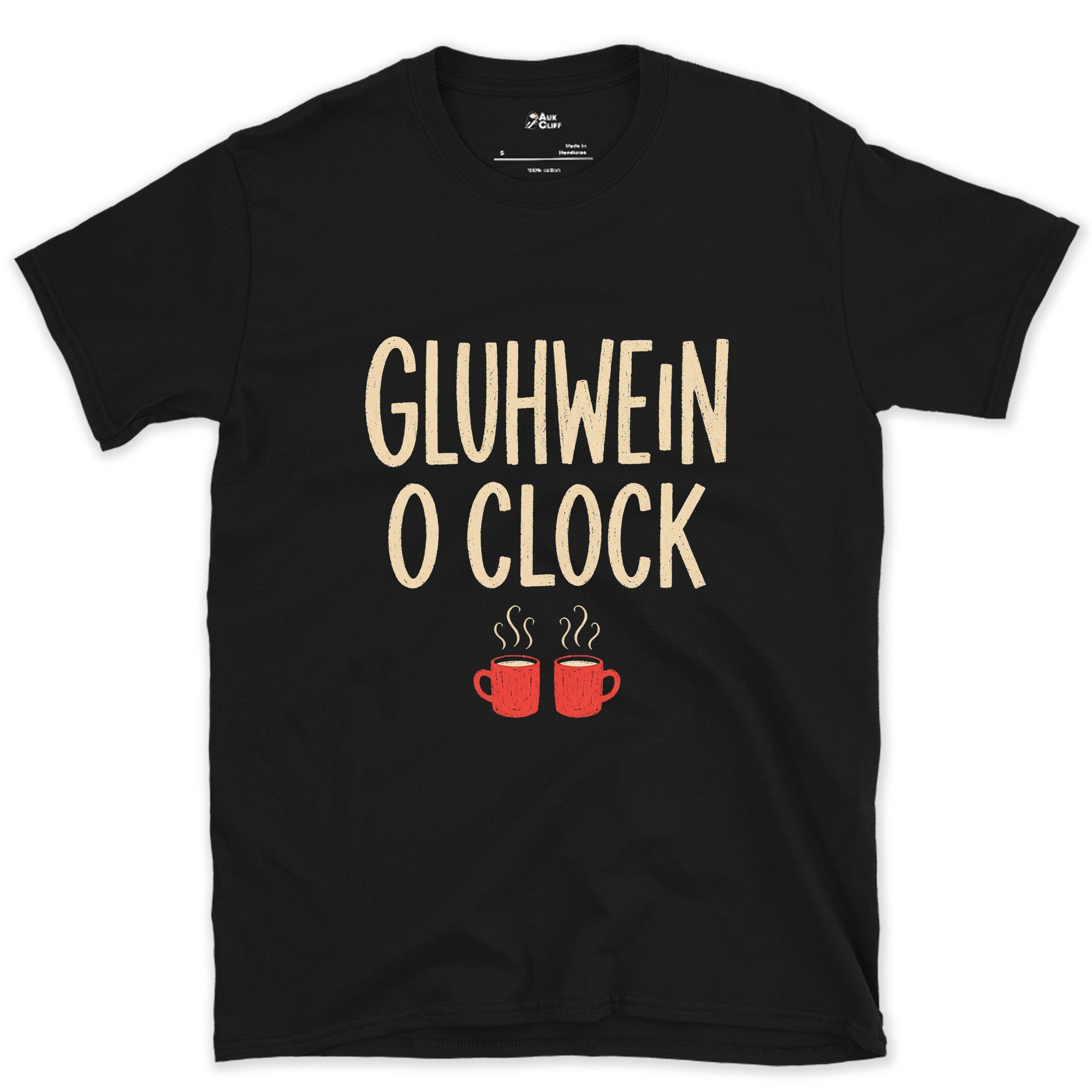 Apres Gluhwein O Clock, Two Steaming Mugs design on a Black Gildan Softstyle t-shirt